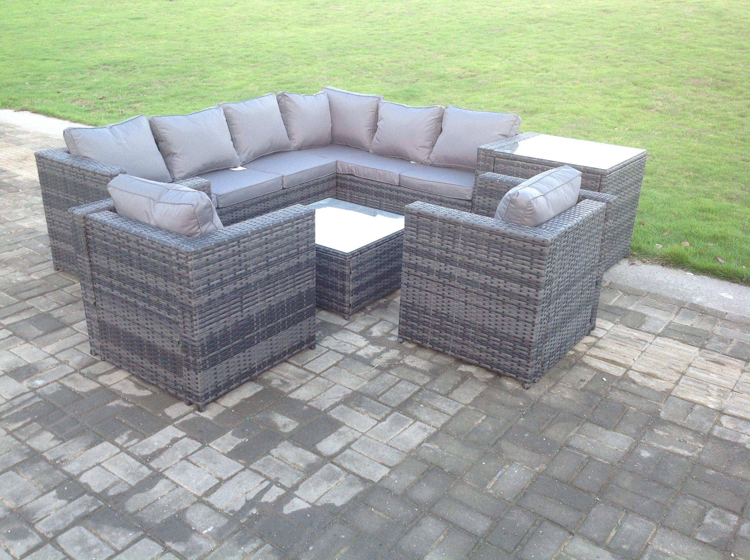 Rattan Corner Sofa Set Garden Furniture With 2 Chairs Coffee Table And Side Table